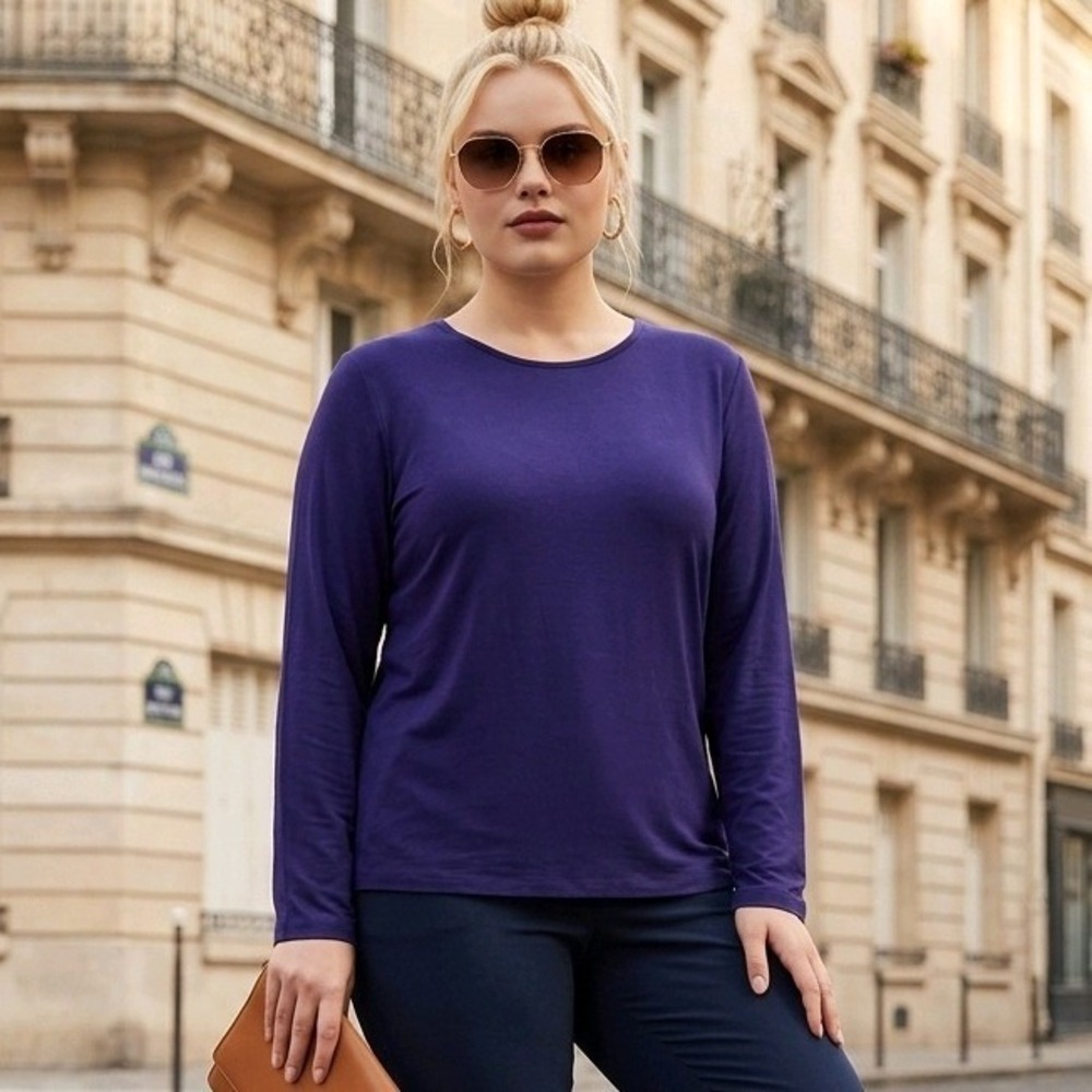 By Chico's 2 Long Sleeve Scoop Neck Minimalist Capsule Knit Top Purple Large